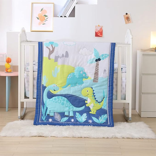 Wowelife Dinosaur Crib Bedding Set for Boys Blue, Premium 3-Piece Baby Bedding Set, Nursery Crib Set, Newborn, Infant & Toddler Nursery Bed Set, Blue Dinosaur