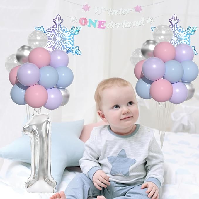 Winter Onederland 1st Birthday, Pink Purple Blue Balloons, Winter Onederland Birthday Decorations For Girls Boys,40 Inch Silver 1 Balloon And Banner for One Year Old BD Decorations
