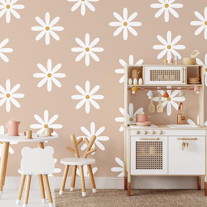 TaoBary 12 Sheets Daisy Wall Decal Flower Wall Sticker Cute Daisy Sticker Pink White Flower Decal Peel and Stick Floral Wallpaper for Nursery Bedroom Home Decor(White, Yellow,Fresh Style)