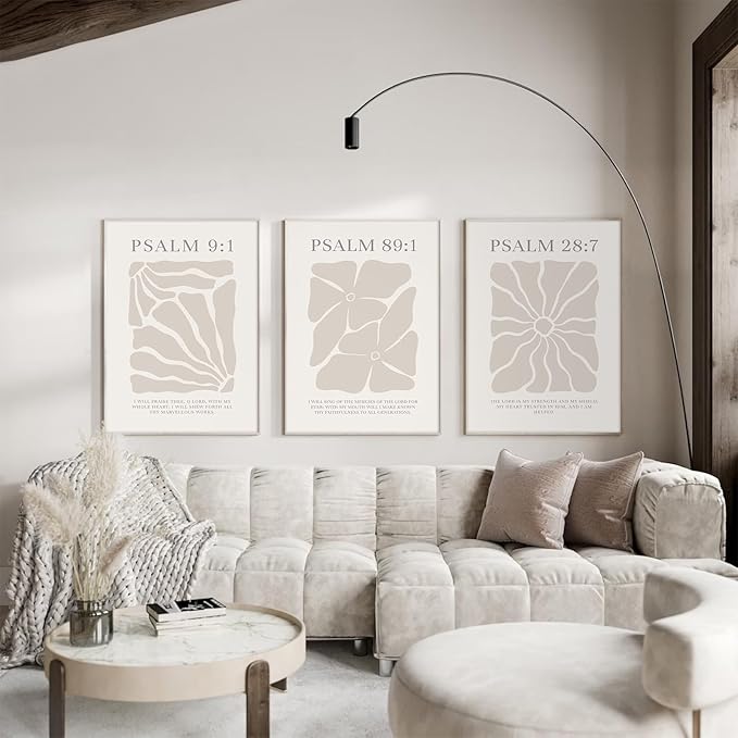 Joocrise Scripture Christian Wall Art Set of 3 Beige Bible Verses Wall Decor Neutral Psalm Canvas Wall Art Modern Pictures Flower Prints Christian Artwork for Living Room Bedroom 12x16 Inch Unframed