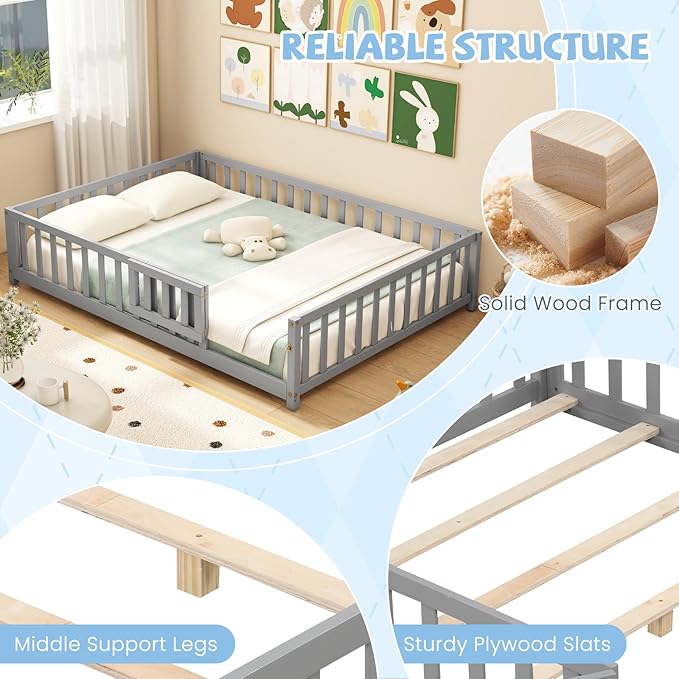 Giantex Full Size Floor Bed for Kids, Low Montessori Bed with Wood Slats & Safety Guardrails, Solid Wood Full Floor Beds with Fence and Door for Kids Boys Girls, Grey