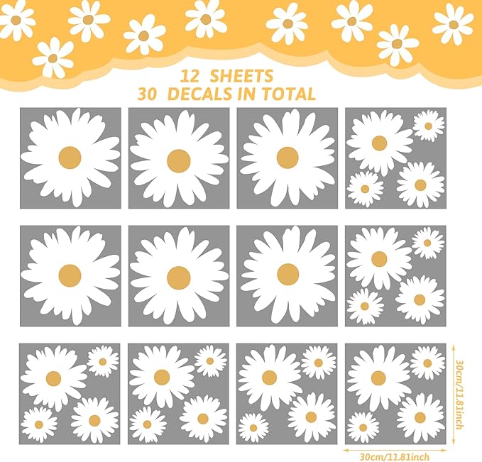 TaoBary 12 Sheets Daisy Wall Decal Flower Wall Sticker Cute Daisy Sticker Pink White Flower Decal Peel and Stick Floral Wallpaper for Nursery Bedroom Home Decor(White, Yellow,Multi Petal Style)