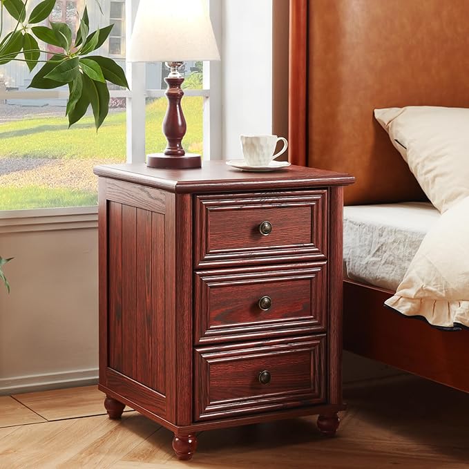 18" Farmhouse Night Stand, Red Oak Wood Nightstand with 3 Drawers, Bedside End Table with Storage and Roman Column, Bed Side Tables Cabinet for Bedroom, Living Room, and Closet
