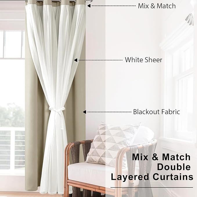 Hiasan Blackout Curtains with White Sheer Overlay, Double Layer Mix & Match Thermal Insulated Room Darkening Curtains for Girls Bedroom, Living Room, 2 Window Panels with Tiebacks, Taupe, 52W X 96L