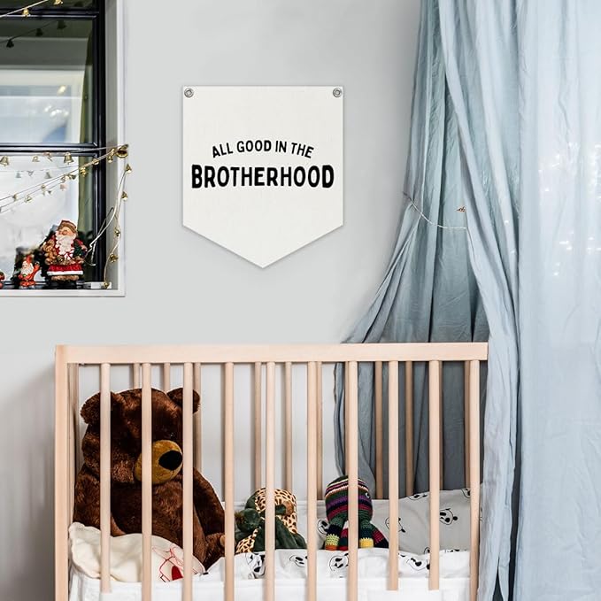 Lacama Vintage Room Decor,All Good In The Brotherhood Linen Banner,Boy Bedroom Wall Hanging Banner Pennant Flag Decor for Nursery Playroom Toddler Nursery Decor College Dorm Room,brother banner12.4x14 in