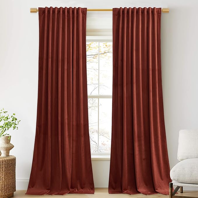 StangH Red Velvet Curtains 108 inches for Living Room, Rust Extra Long Back Tab Home Theater Drapes Room Darkening for Sliding Door/Bedroom, W52 x L108, 2 Panels