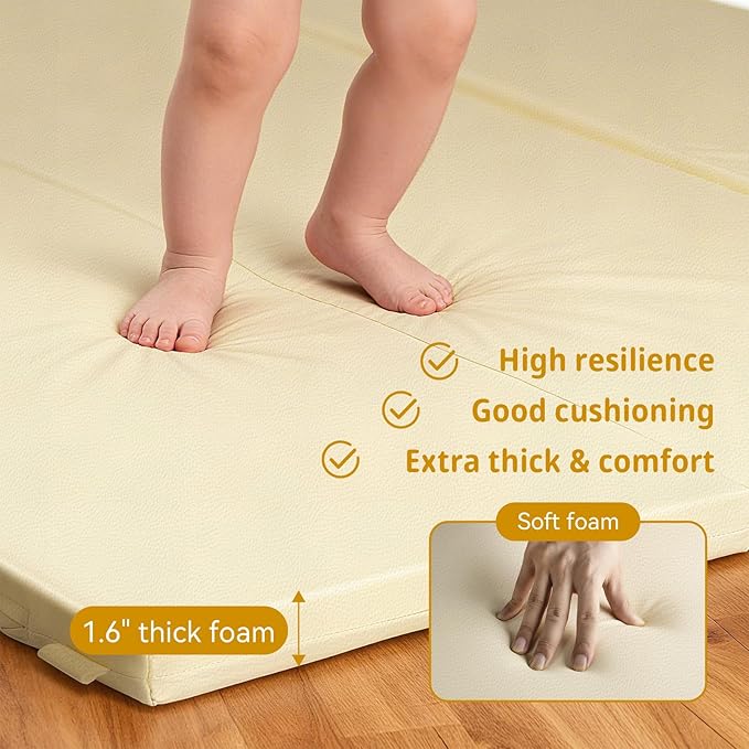 Baby Play Mat, 48 x 48 Inch Foldable PU Leather Waterproof Playpen Mat, 1.6" Extra Thick Foam Floor Mat for Infants and Toddlers, Non-slip Toddler Activity Playmat Cushion
