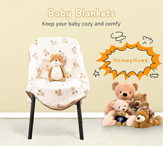 Baby Blanket Double Layer Cotton 40 x 40 Soft Receiving Blanket with Pattern Machine Washable Bear