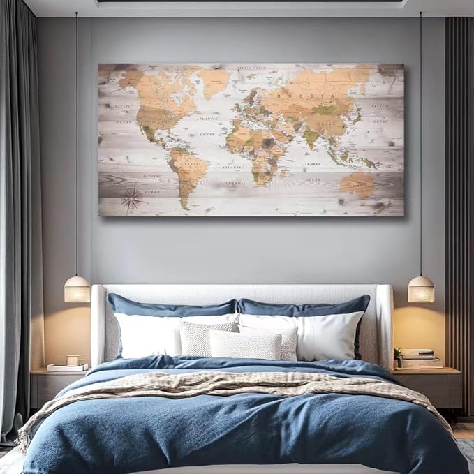 Large Wall Art grey map of The World Painting Ready to Hang 29"x58"Large Framed Wall Art World Map Canvas Map Decorations Artwork Prints