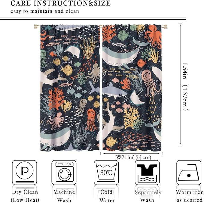Sea Animals Curtain Cartoon Fish，Undersea Cute Whales Dolphin Underwater Wild Life Blue Ocean Boys Girls Waterproof Polyester Fabric Bedroom Decoration Set 2 Panels,42x54 Inches
