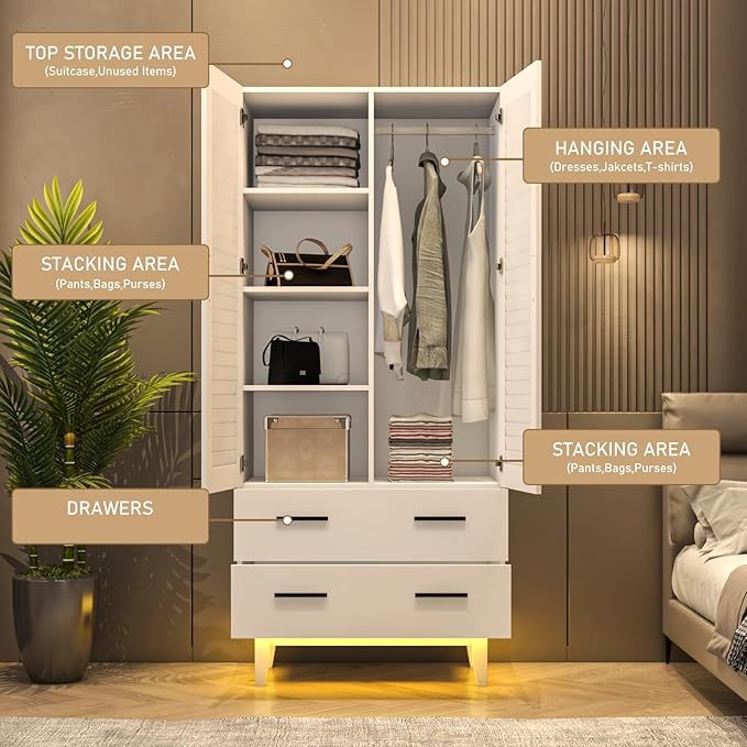 2 Door Armoire Wardrobe Closet Cabinet with Mirror, Drawers and LED Lights, Multi-Tier Shelves, Hanging Rod & 2 Louver Doors, Large Capacity Storage Wardrobe Armoire for Bedroom, White