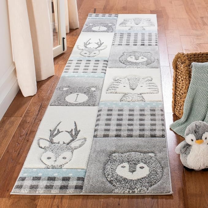 SAFAVIEH Carousel Kids Collection Runner Rug - 2'3" x 10', Grey & Ivory, Animal Design, Non-Shedding & Easy Care, Ideal for High Traffic Areas for Boys & Girls in Playroom, Nursery, Bedroom (CRK188B)