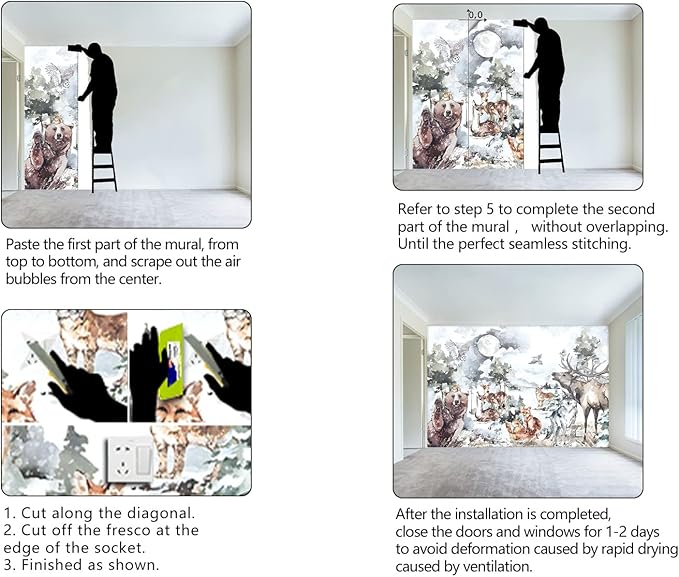 Boys or Girls Cartoon Watercolor Animals wallpeper Nursery Kids Bedroom Wall Mural - 137"x96"（Not Peel and Stick）