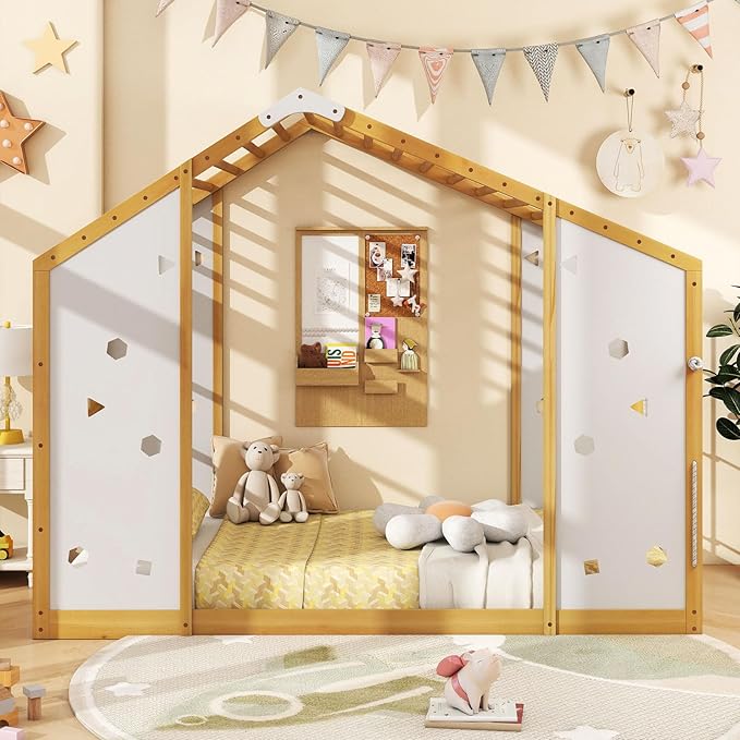 Giantex Twin Size Montessori Floor Bed, 3-in-1 Indoor Kids Jungle Gym Playground with Climbing Slide Swing Net, Monkey Bars, Wood House Bed Frame with Playset for Boys Girls, Natural+White