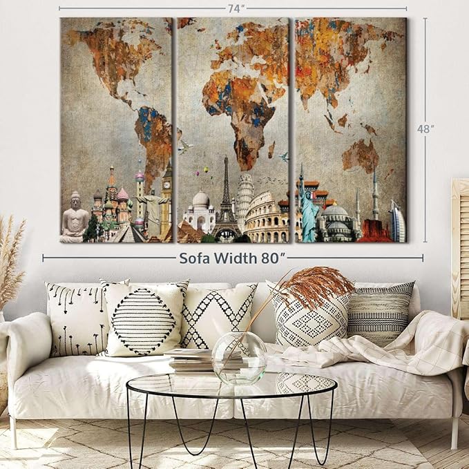 ElephantStock Rusty World Map Multi Piece Canvas - 3 Piece Canvas World Map Wall Decor - Wall Decor - Ready-to-Hang Print - Vintage Wall Art - 74" X 48"