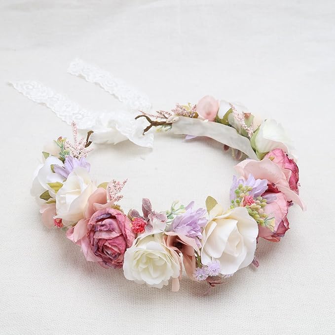 Flower Crown for Girls Children Floral Headpiece Pink Kids Headband Wedding Holo Hair Accessories Birthday Photo Prop (Dark Pink)