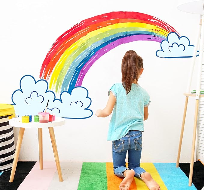 Rainbow Wall Decals Watercolor Rainbow Decor for Kids Room, Cute Watercolor Rainbow Wall Stickers Cloud Wall Decor Murals Decorations for Classroom Girls Room Nursery