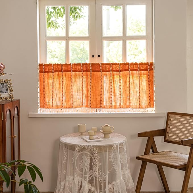 Deeprove Orange Boho Curtain Valance for Cafe Kitchen Closet Doorway Cottage Decor, Burnt Sheer Bohemian Farmhouse Cotton Linen Short Panel Tassel Vintage Chic Window Drape, W52 x L18, 1 Piece