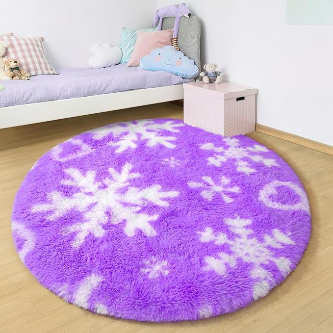 EVOIONOS Round Purple Rugs for Girl Bedroom, 4x4 Feet Fluffy Circle Purple Snowflake Rug for Room Decor, Circular Plush Snowflake Carpet for Kids Room Playroom Nursery Decor, Cute Snowflake Rug