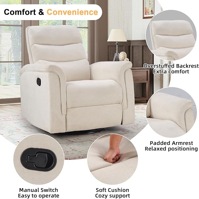 INZOY Swivel Rocker Recliner, Nursery Glider Chair, Manual Chairs Swivel Glider Recliners with Soft Backrest, Fabric Manual Reclining Sofa for Living Room Bedroom Apartment, Beige