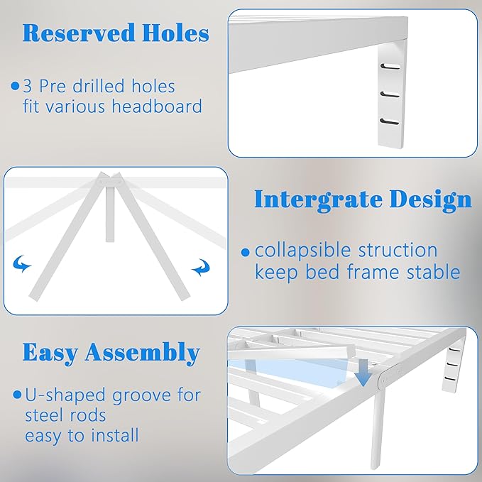 10 Inch Queen Bed Frame, White Bed Frame Queen Size with Metal Baffles, No Box Spring Needed, Heavy Duty Steel Platform Support, Rounded Corner Legs, Reserved Holes, Noise Free, Storage Space