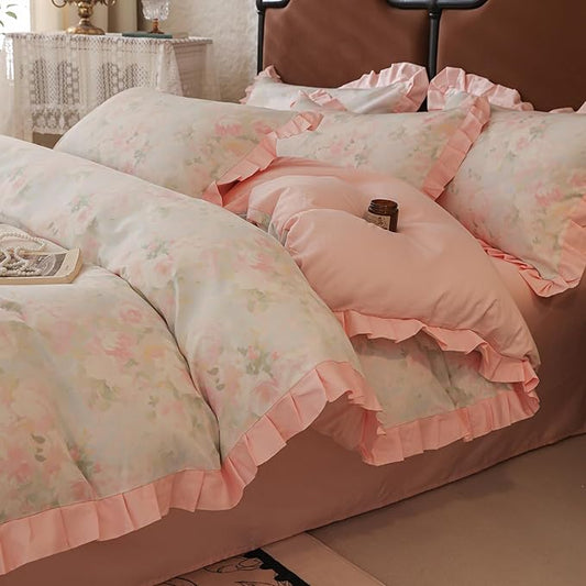 LifeTB Girls Duvet Cover Pink Ruffle Duvet Cover Twin Vintage Flower Bedding Set 100% Cotton Romantic Lace Comforter Cover Princess Bedding Botanical Flower Comforter Cover Aesthetic Lace Bedding Set