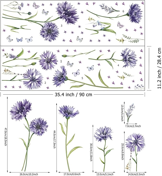 Purple Floral Wall Sticker Peel and Stick Flower Butterfly Wall Decal Green Plant Leaf Wall Art Mural Daisy Flowers Wall Stickers for Bedroom Decor
