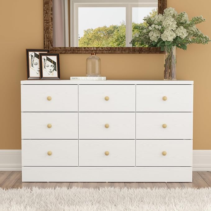 White Dresser for Bedroom 9 Drawer Dresser, Chest of Drawers Wide Dresser with Wood Knobs, Modern Dresser Drawer Chest, Living Room Hallway, Wood Grain, 15.7”D x 47.2”W x 27.6”H