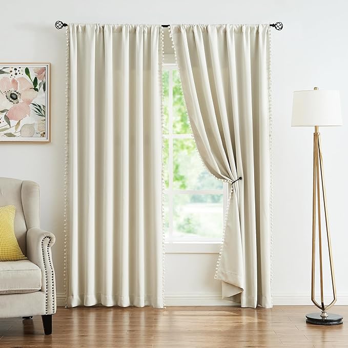 Treatmentex Pom Pom Curtains for Bedroom Windows 90 inch Energy Efficient Thermal Insulated Living Room Darkening Curtain Panels for Kitchen Nursery Room Ivory 52" w x2 Panels Rod Pocket