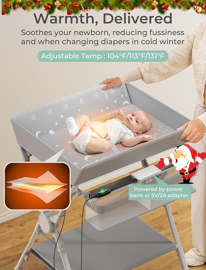 Baby Changing Table with Heating Function, Portable Folding Changing Table with Wheels, Waterproof Diaper Changing Station with 2 Drawers, Adjustable Height, Baby Changing Station for Infant, Newborn