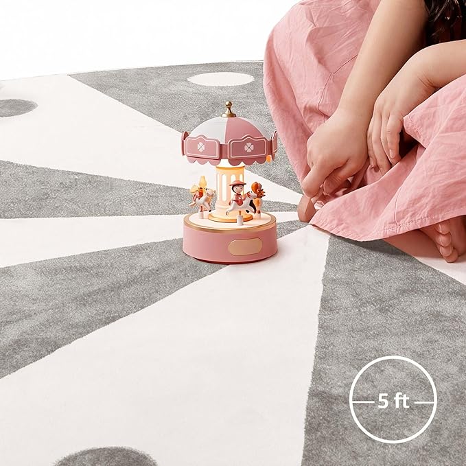 jinchan 5ft Round Rug Grey Washable Fun Cute Playroom Mat Non Slip Cheerful Circle Cool Rug Soft Cozy Low-Profile Gray Playful Carousel Throw Carpet for Kids Gift Teens Dorm Entryway Bedroom