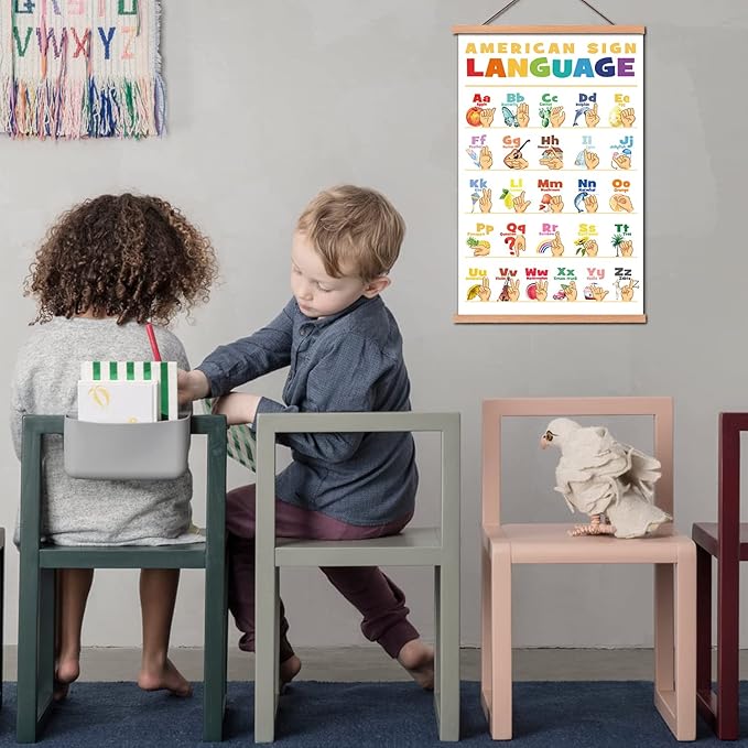 KAIRNE American Sign Language Poster With Wood Magnetic Hanger Framed(11X17.7inch),Alphabet Learning Decor With Common Words ABC Chart Wall art for Toddlers Kids Room Classroom Playroom Decor