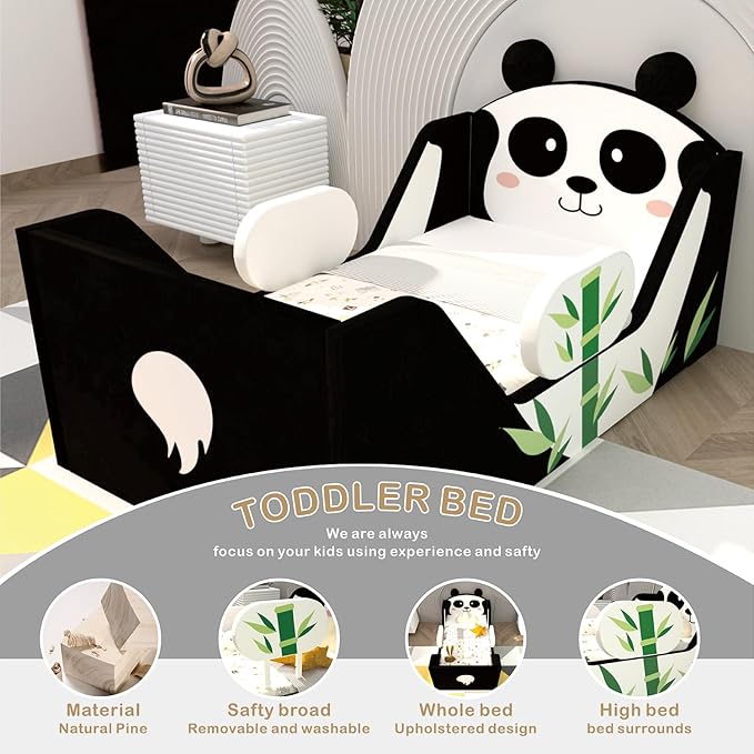 Toddler Beds, Child Beds for Kids with Extra Safty Broad, Standard Crib Size Animal Toddler Bed, Certified Fabric Toddler Beds,Toddler Floor Beds (Panda)