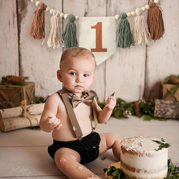 Jungle Wild One Handmade 1st Birthday High Chair Banner First Highchair Banner For Baby Boys Green Brown Wall Hangings Boho Wood Bead Tassel Garland 1 Birthday Party Decorations Photo Props