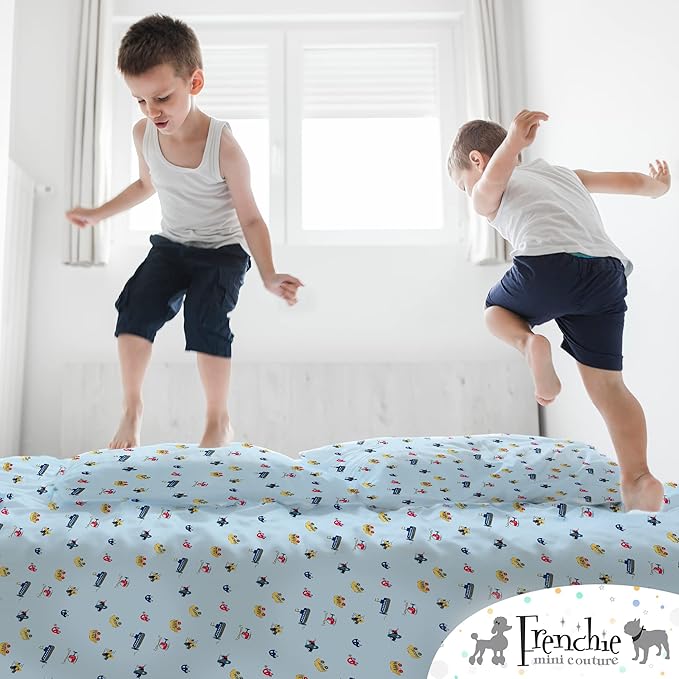 Frenchie Mini Couture, 2-Piece Kids Twin Sheets Set, 100% Woven Cotton, Deep Pocket Bed Sheet 39 x 75 x 15in + Pillowcase 20 x 30, Cars, Boats, & Planes