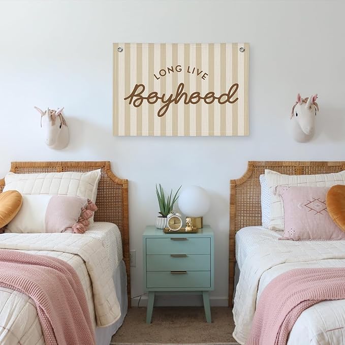 Long Live Boyhood Banner, Boy Nursery Decor, Canvas Banner Wall Hanging Flag Decor for Nursery Playroom Toddler Room, Boys Kids Room -Beige