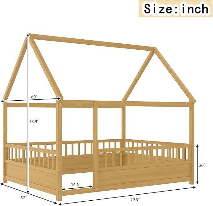 Ball & Cast Full Size House Bed Frame,Montessori Floor Bed with Safety Fence and Roof for Kids,Wood Platform Bedframe W/Open Door for Girls Boys,Bedroom,Playroom,Easy Assembly,Natural