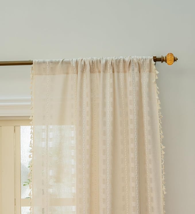 Deeprove Ivory Boho Curtain 96 inches Long for Living Room Bedroom, Vintage Bohemian Semi Blackout Linen 96 inches Length Stripe Embroidery Privacy Window Tassel Decor W52 x L96, 1 Panel