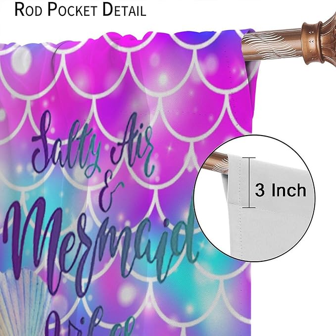 Dream Mermaid Curtains for Kids Boys Girls Ocean Theme Colorful Rainbow Fish Tail Blackout Window Treatment for Bedroom Nursery Room Decor Window Drapes 42" W X 45" L