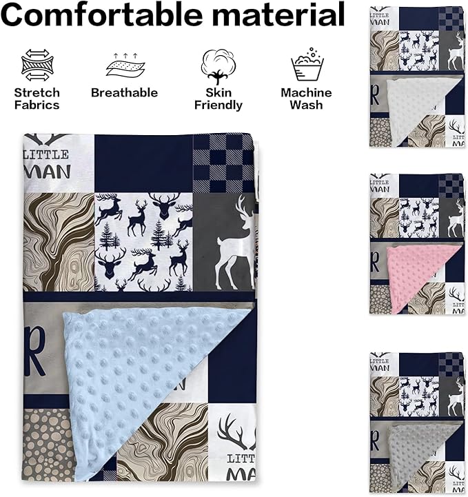 Personalized Baby Blanket with Name – Woodland Antlers Theme Navy Soft Receiving Blanket for Newborn Boys Girls, Custom, Cozy Nursery Decor for Toddlers