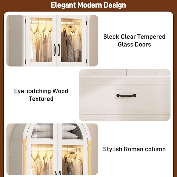 2 Doors Arched Armoire Wardrobe Closet w/Drawers,LED Light,Wooden Closet Wardrobe Cabinet with Hanging Rod for Bedroom,Modern Armoire Storage Cabinet w/Shelf,Antique White