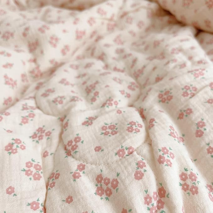 BuLuTu Pink Floral Kids Quilts Full Bed Comforter for Girls Teens Cotton Muslin Quilted Blanket with Chic Lace Edges Reversible Galsang Flower Pattern Quilt, 1 Piece, 79"x90"