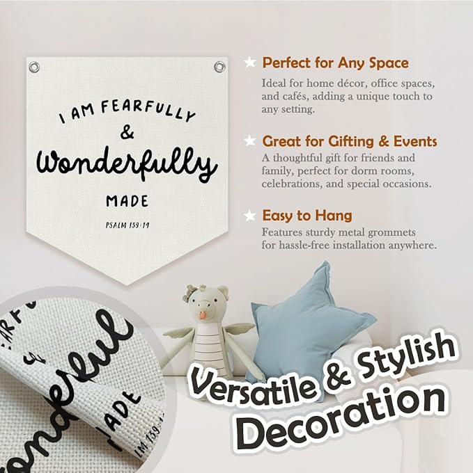 Bible Verse Banner – "I Am Fearfully and Wonderfully Made" Linen Wall Hanging, Religious Decor for Kids Room, Nursery, Classroom, 12.4x14 in