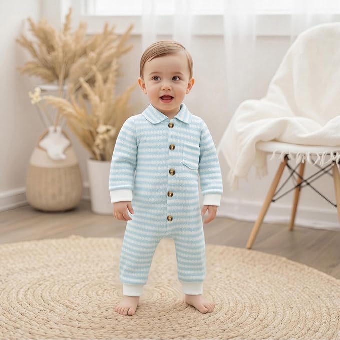 Thorn Tree Baby Boys Clothes Infant Knit Romper Long Sleeve Newborn Outfits Button Closure Onesie Turn Down Collar Jumpsuit
