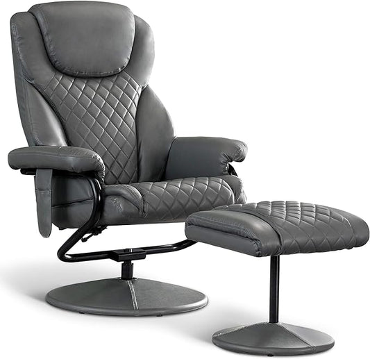 MCombo Recliner with Ottoman, Reclining Chair with Massage, 360 Swivel Living Room Chair Faux Leather, 4901 (Grey)