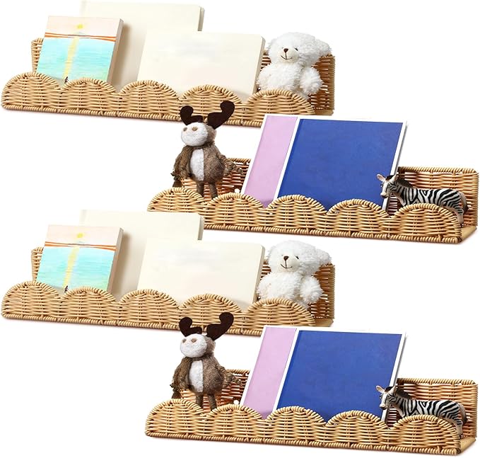 Pinkunn 4 Pcs Nursery Book Shelves 15.8 Inch Rattan Scalloped Floating Bookshelves Wicker Boho Book Shelf for Wall Mounted Decor Nursery Rooms Hanging (Classic)