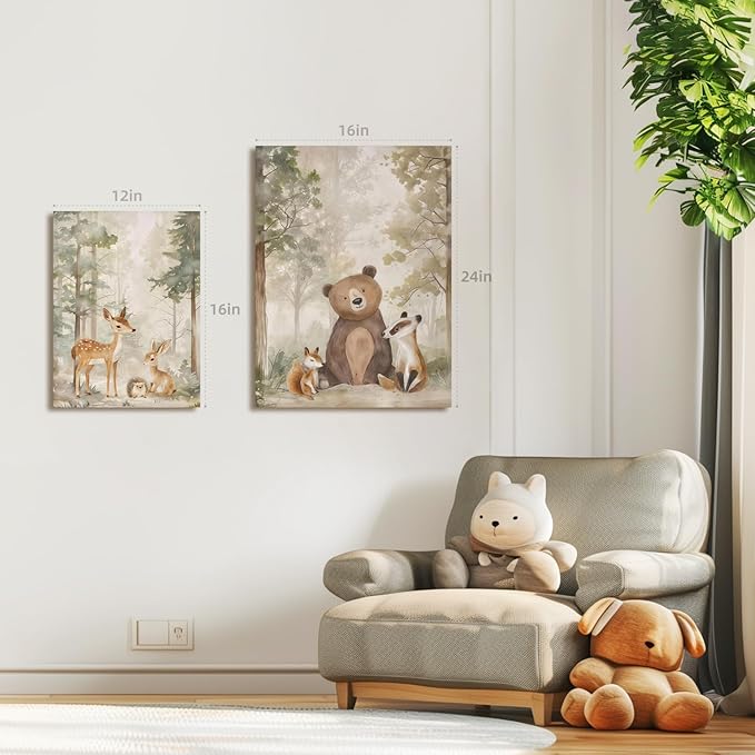 LLEEMPI Framed Woodland Nursery Wall Decor Set of 3, Cute Forest Animal Wall Art, Bear Fox Deer Watercolor Canvas Prints, Vintage Nature Poster Prints for Kids Bedroom Bathroom Playroom 12x16 Inch