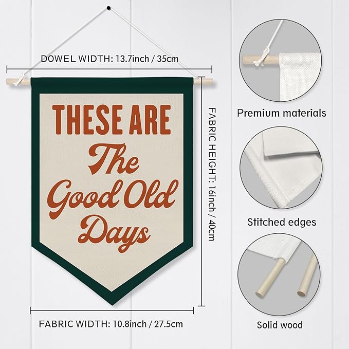 Welcome Banner Wall Art,These Are The Good Old Days Banner Hanging Wall Canvas Poster,Nostalgic Inspirational Quote Hanging Pennant Flag Prints,Positive Home Bedroom Wall Decor(Red)