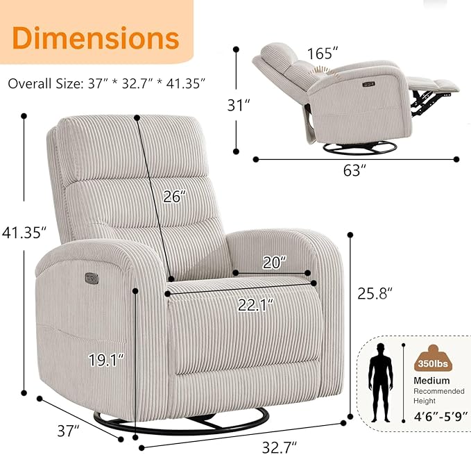 Power Recliner Glider for Nursery, Electric Swivel Rocker Recliner Chair with USB, Comfy Recliner Chairs for Living Room, Bedroom, Bedroom, Corduroy Camel