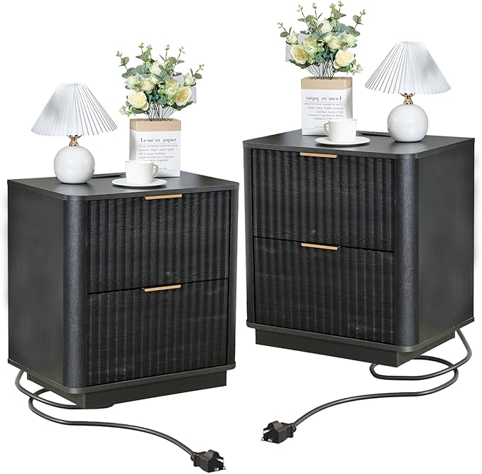 Fluted Nightstand Set of 2, Wood End Table with Charging Station, 23" Modern Night Stands with 2 Drawers, Black Bedside Table for Bedroom